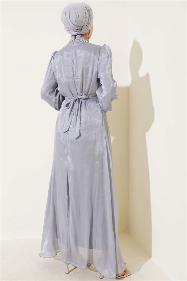 Gray Chiffon Dress with Crystal Embellishments