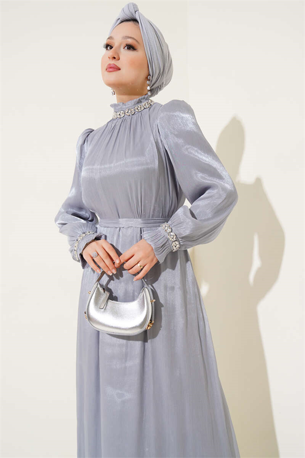 Gray Chiffon Dress with Crystal Embellishments