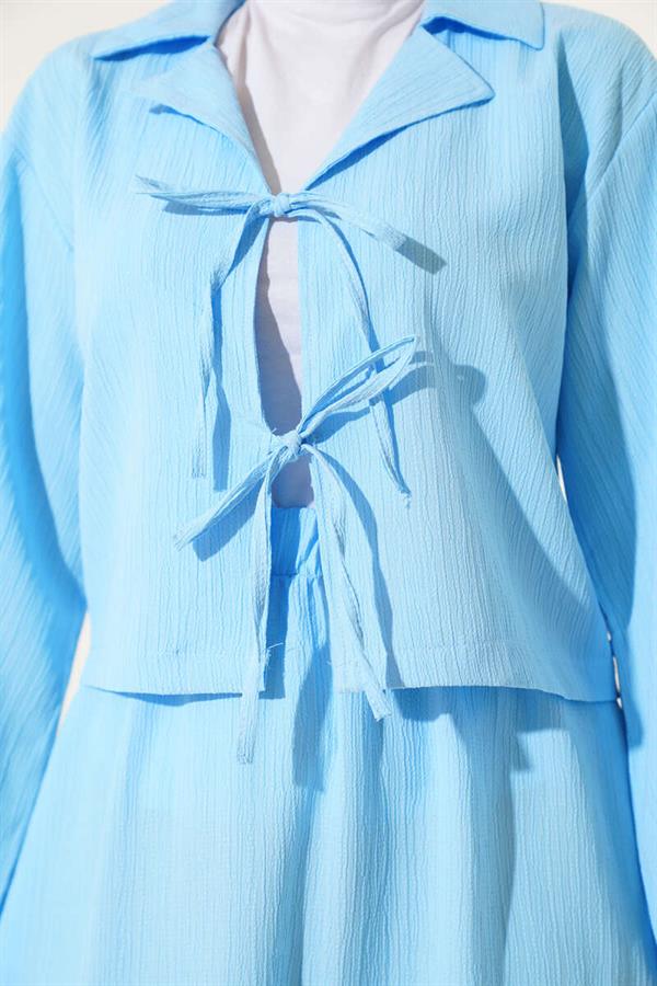 Double-Breasted Tree Bark 2 Piece Set Ice Blue