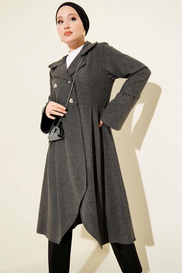 Double-breasted Asymmetrical Cashmere Coat in Smoke