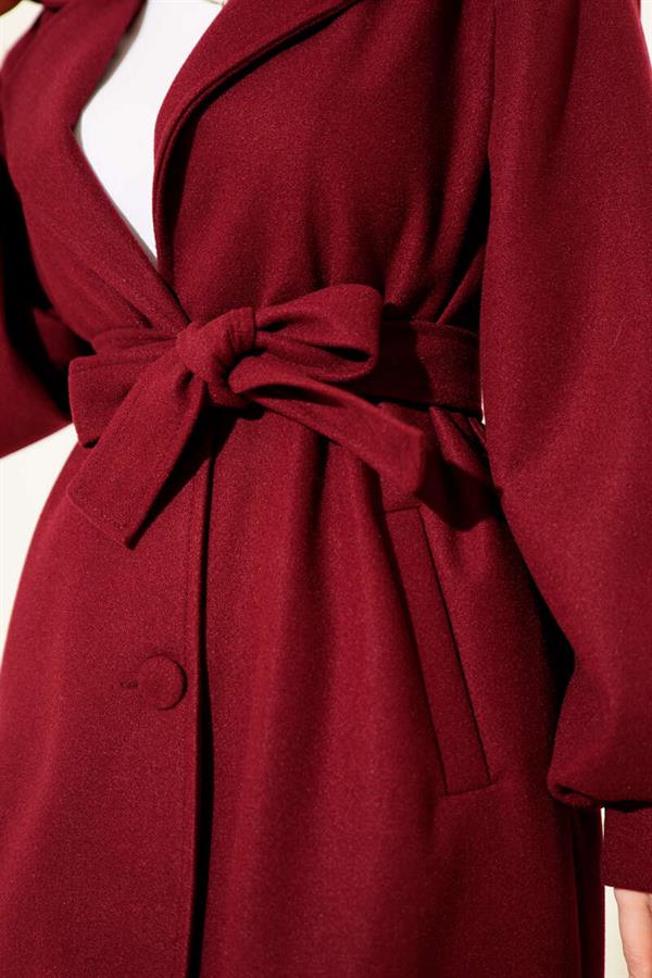 Double Breasted Balloon Sleeve Belted Cashmere Coat Burgundy