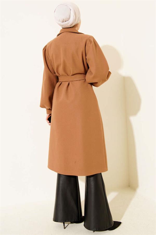 Double Breasted Balloon Sleeve Belted Cashmere Coat Camel