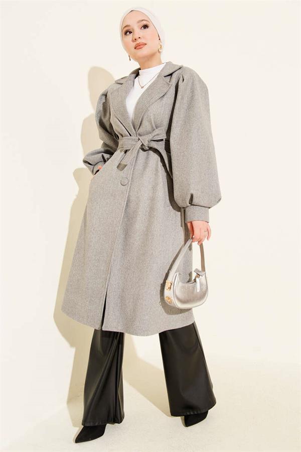 Double Breasted Balloon Sleeve Belted Cashmere Coat Gray