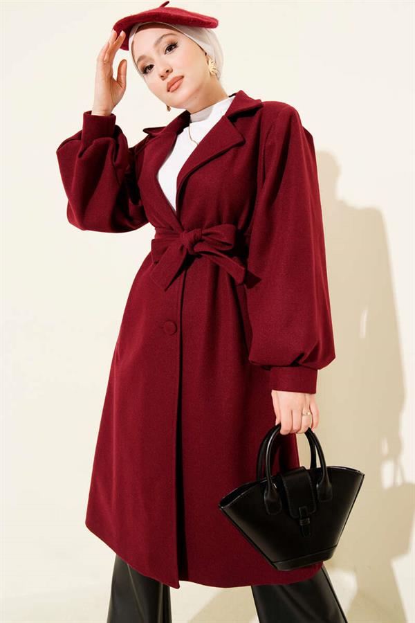 Double Breasted Balloon Sleeve Belted Cashmere Coat Burgundy
