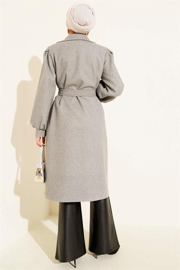 Double Breasted Balloon Sleeve Belted Cashmere Coat Gray