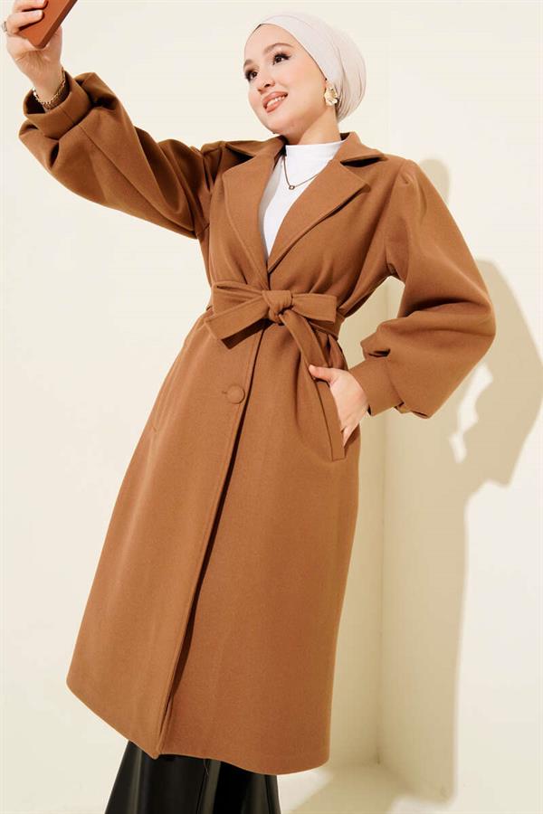 Double Breasted Balloon Sleeve Belted Cashmere Coat Camel
