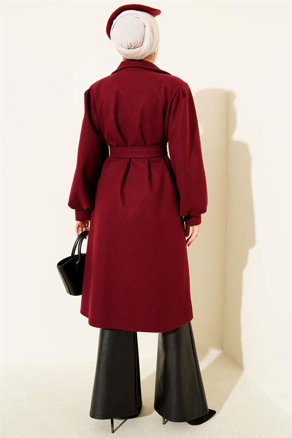 Double Breasted Balloon Sleeve Belted Cashmere Coat Burgundy
