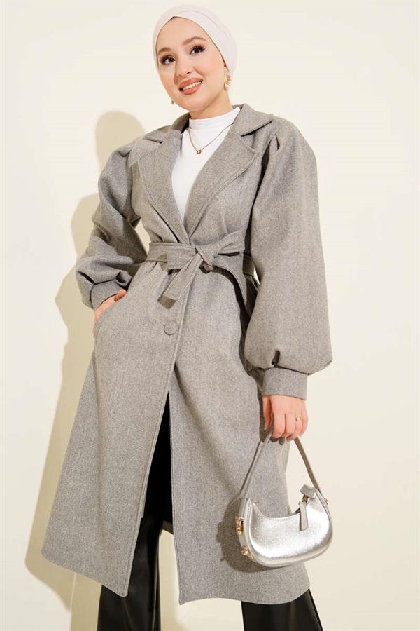 Double Breasted Balloon Sleeve Belted Cashmere Coat Gray