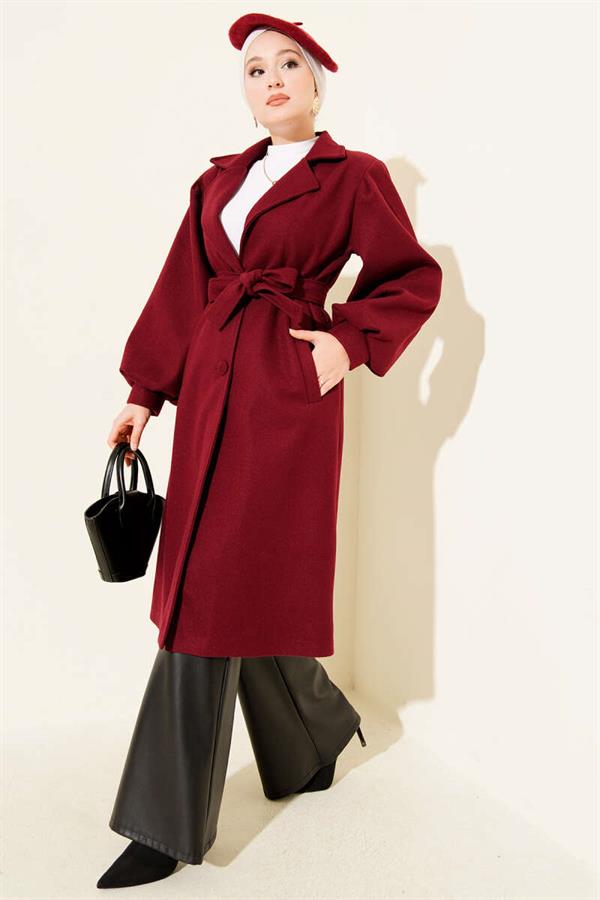 Double Breasted Balloon Sleeve Belted Cashmere Coat Burgundy