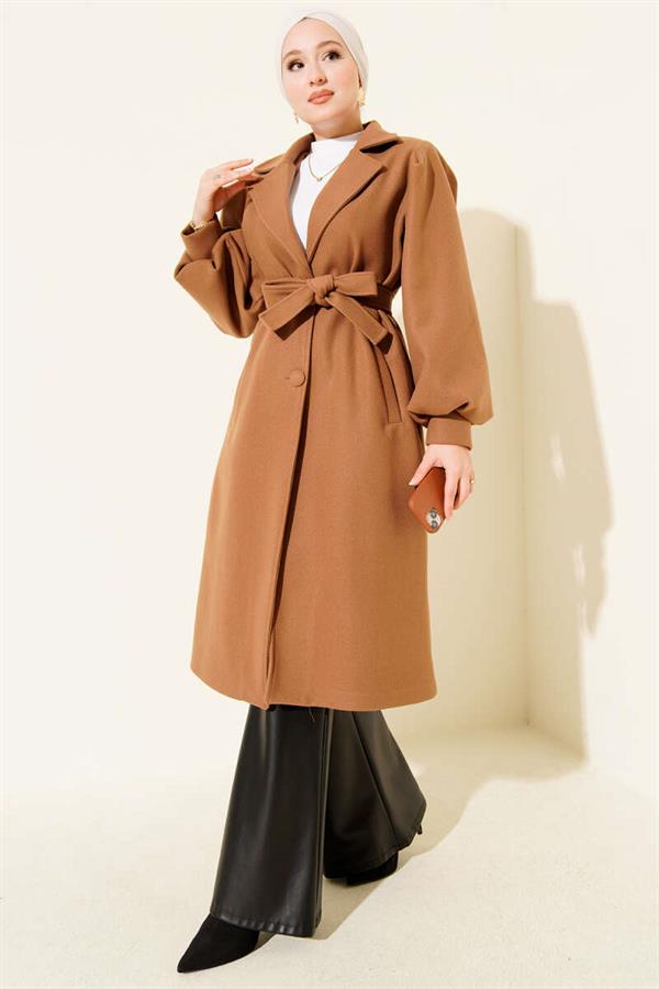 Double Breasted Balloon Sleeve Belted Cashmere Coat Camel
