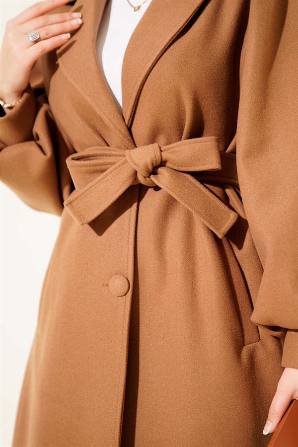 Double Breasted Balloon Sleeve Belted Cashmere Coat Camel