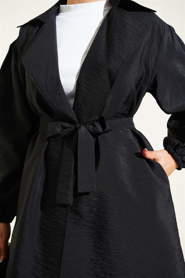 Double Breasted Balloon Sleeve Belted Trench Coat Black