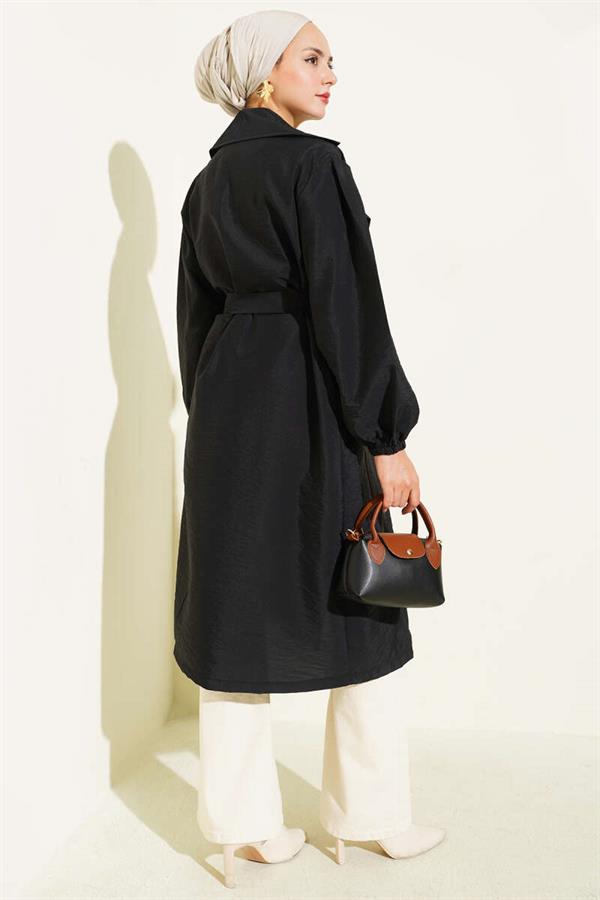 Double Breasted Balloon Sleeve Belted Trench Coat Black