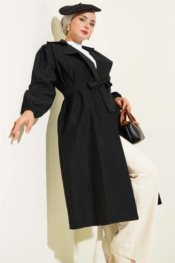 Double Breasted Balloon Sleeve Belted Trench Coat Black