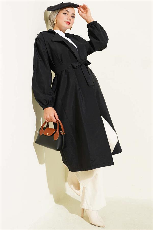 Double Breasted Balloon Sleeve Belted Trench Coat Black