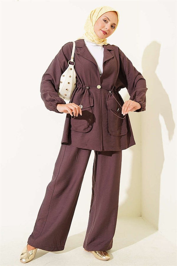 Wrap Neck, Elastic Waist, Tunnel Set, Coffee