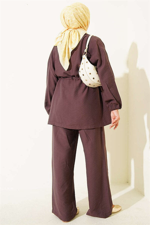 Wrap Neck, Elastic Waist, Tunnel Set, Coffee