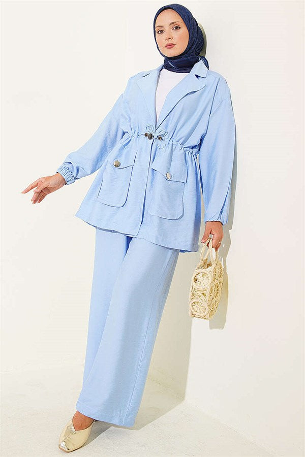 Wrap-Neck 2 Piece Set with Elastic Waistband and Tunnel Design, Blue