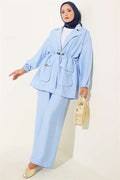 Wrap-Neck 2 Piece Set with Elastic Waistband and Tunnel Design, Blue