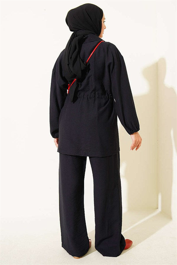 Wrap Neckline Elastic Waist Tunnel 2 Piece Set Black