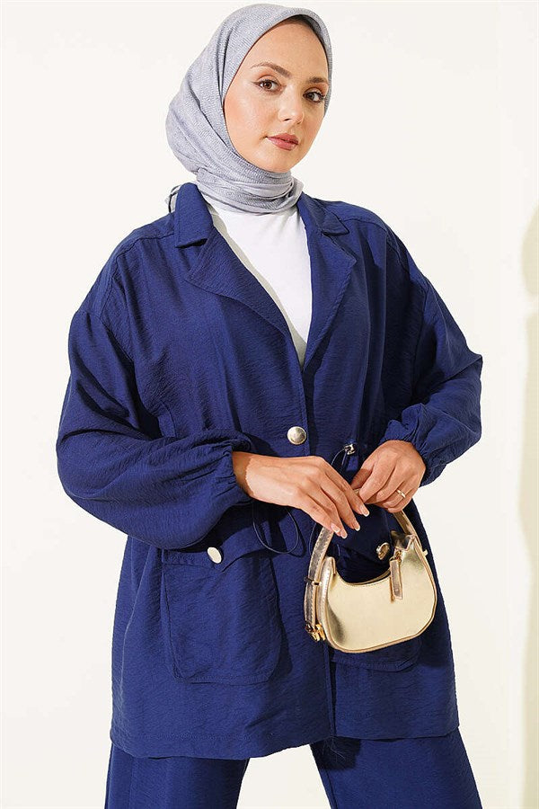 Wrap-Neck 2 Piece Set with Elastic Waistband and Tunnel Detail, Navy Blue