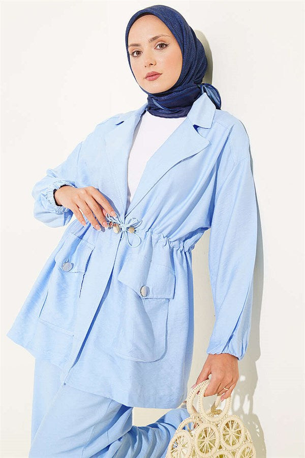 Wrap-Neck 2 Piece Set with Elastic Waistband and Tunnel Design, Blue