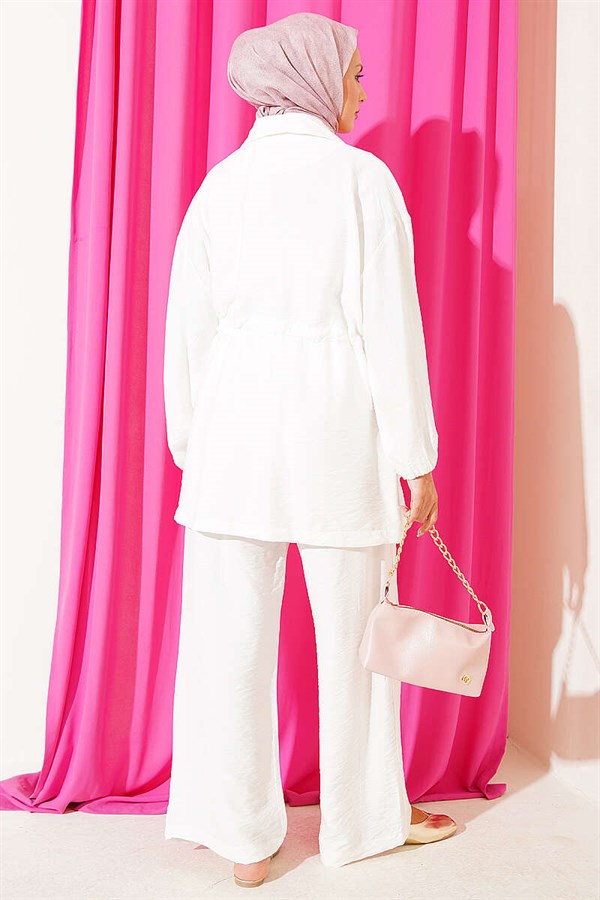 Wrap-Neck Set with Elastic Waistband and Tunnel Design, Ecru