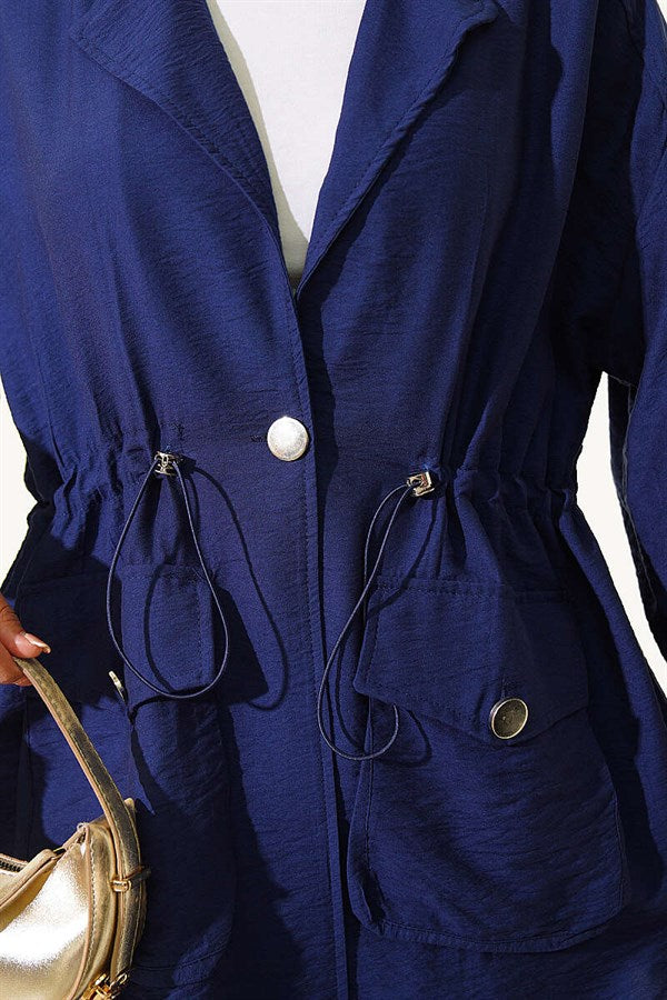 Wrap-Neck 2 Piece Set with Elastic Waistband and Tunnel Detail, Navy Blue