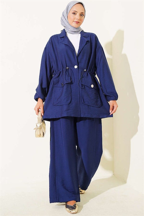 Wrap-Neck 2 Piece Set with Elastic Waistband and Tunnel Detail, Navy Blue