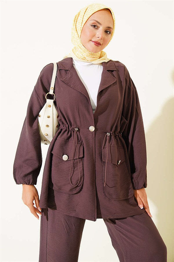 Wrap Neck, Elastic Waist, Tunnel Set, Coffee