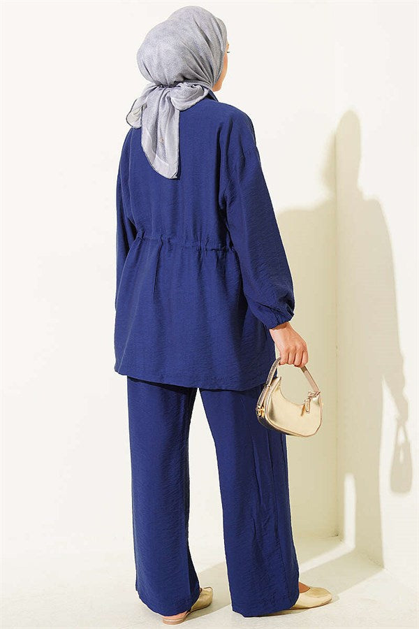Wrap-Neck 2 Piece Set with Elastic Waistband and Tunnel Detail, Navy Blue