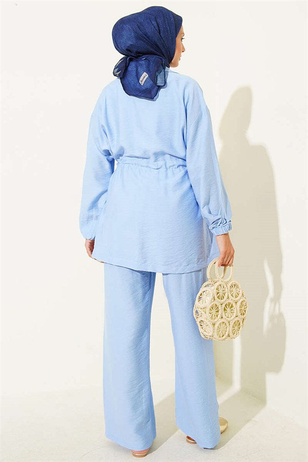 Wrap-Neck 2 Piece Set with Elastic Waistband and Tunnel Design, Blue