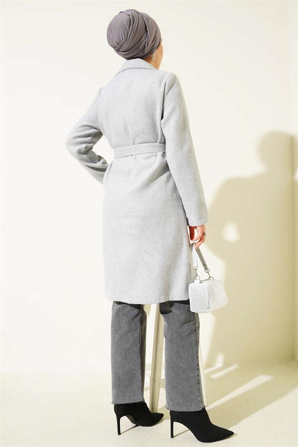Double-Breasted Waist Belted Coat Gray