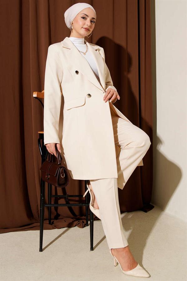 Double-Breasted Blazer Jacket 2 Piece Set Beige