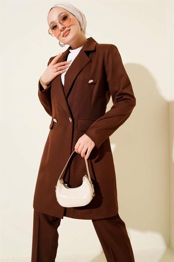 Double-Breasted Blazer Jacket 2 Piece Set Brown
