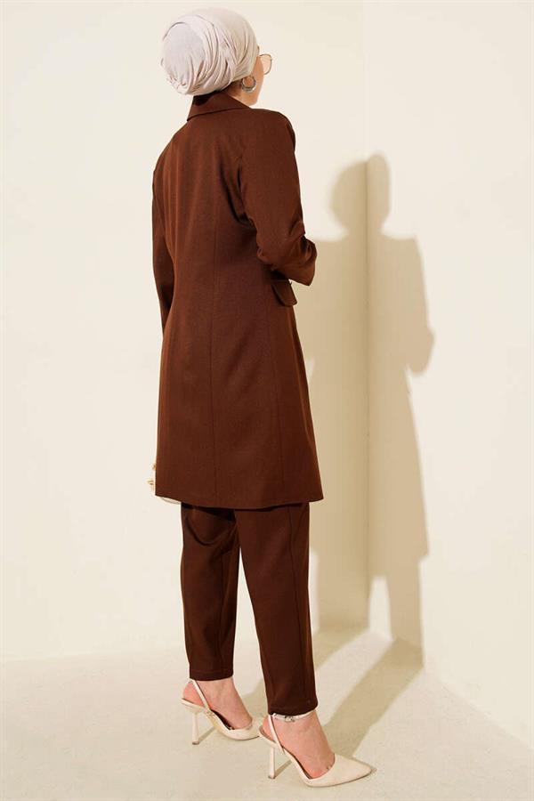Double-Breasted Blazer Jacket 2 Piece Set Brown