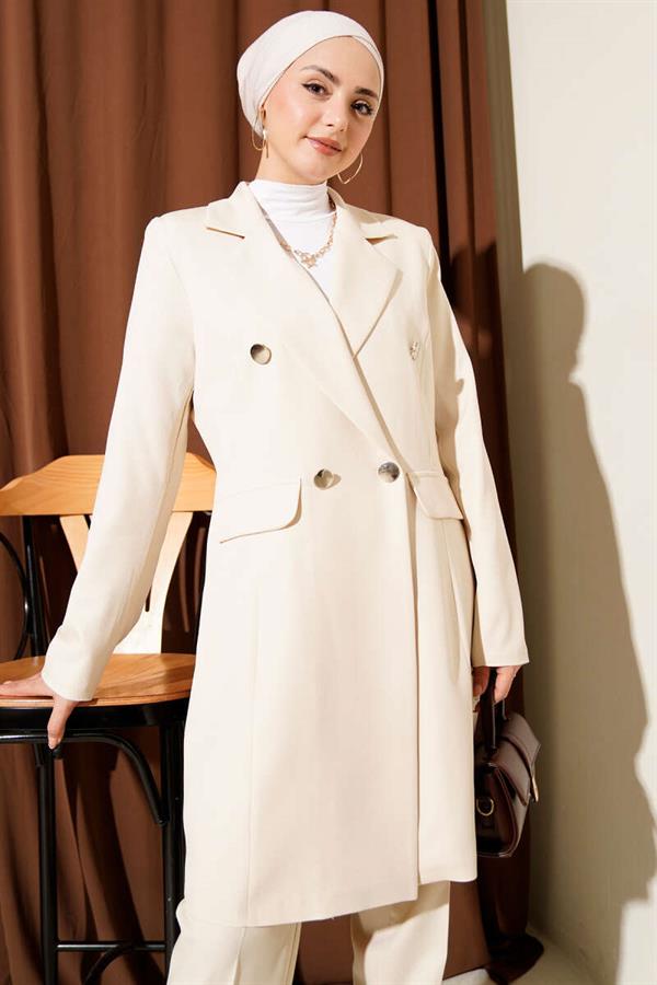 Double-Breasted Blazer Jacket 2 Piece Set Beige