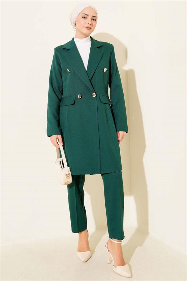 Double-Breasted Blazer Jacket 2 Piece Set Emerald Green