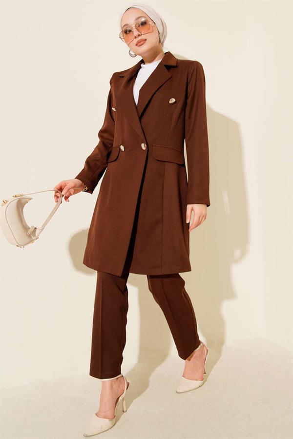 Double-Breasted Blazer Jacket 2 Piece Set Brown