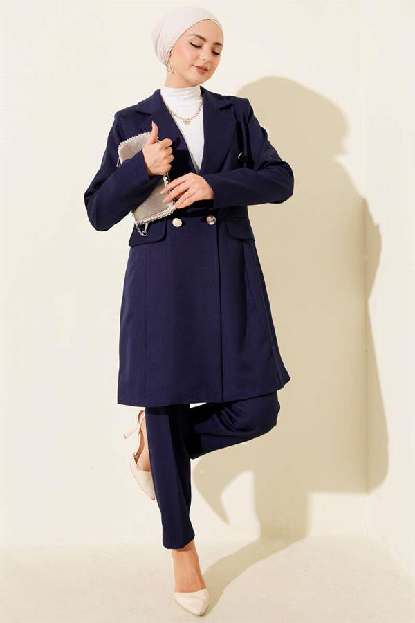 Double-Breasted Blazer Jacket 2 Piece Set Navy Blue