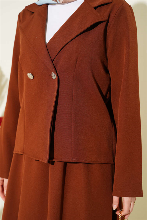 Double-breasted jacket and Skirt 2 Piece Set in coffee brown.