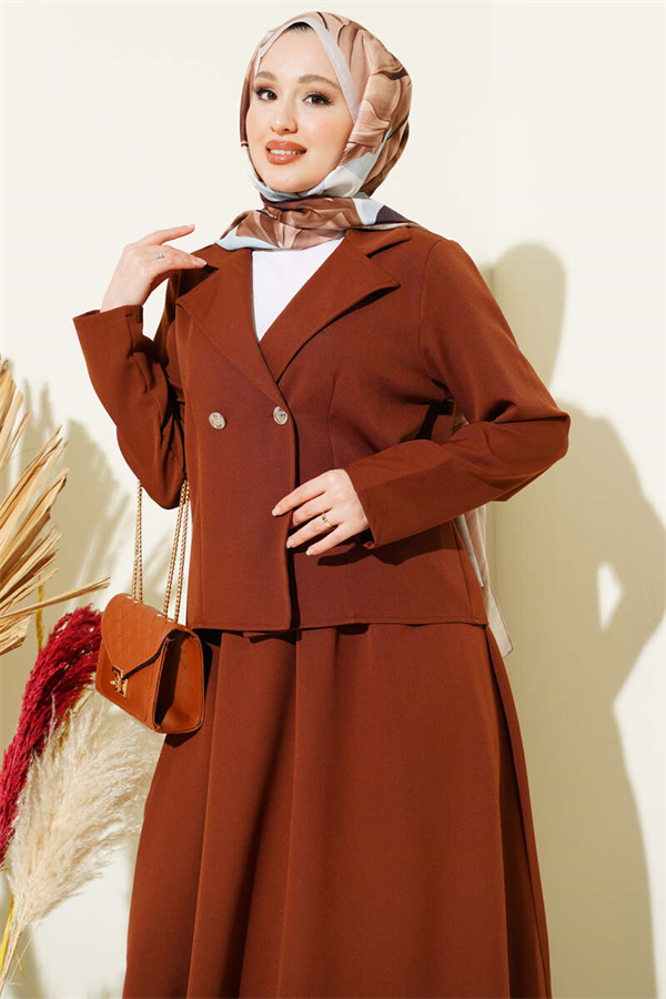 Double-breasted jacket and Skirt 2 Piece Set in coffee brown.