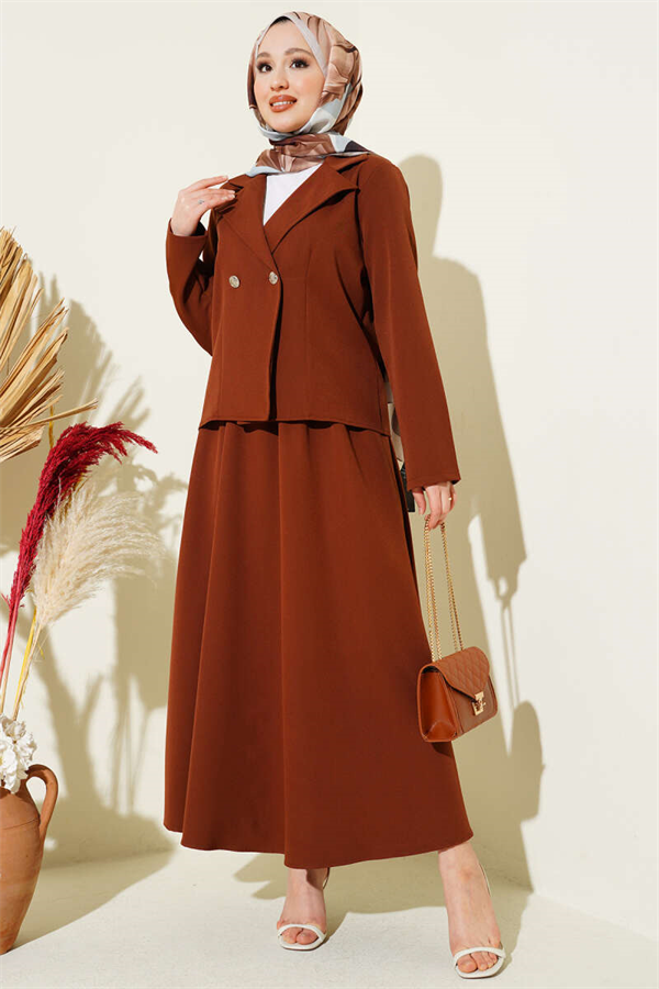 Double-breasted jacket and Skirt 2 Piece Set in coffee brown.