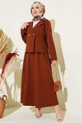 Double-breasted jacket and Skirt 2 Piece Set in coffee brown.