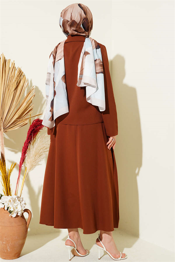 Double-breasted jacket and Skirt 2 Piece Set in coffee brown.