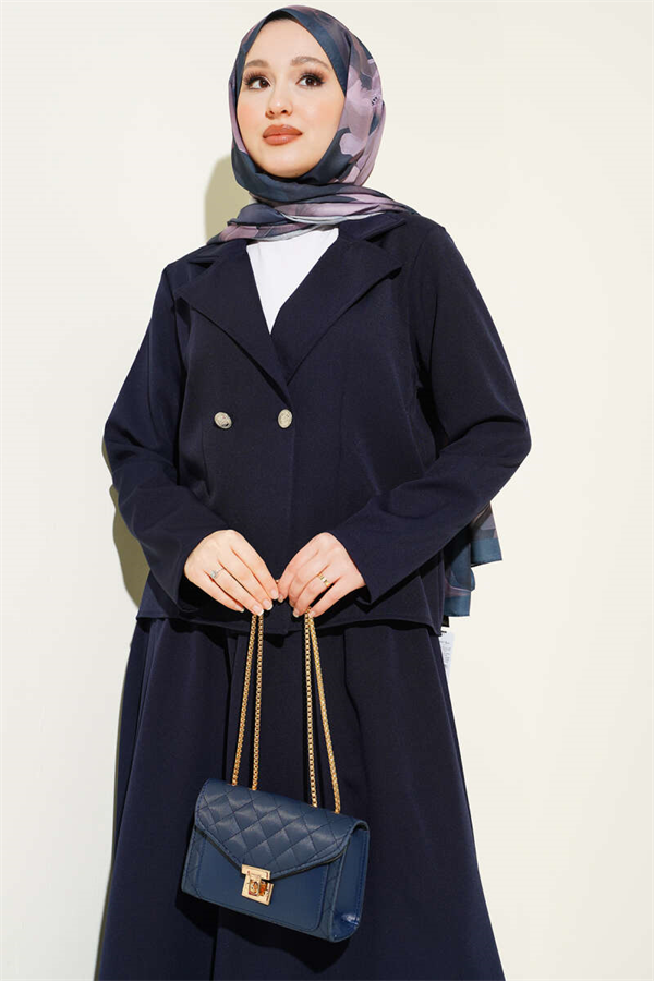 Double-breasted jacket and Skirt 2 Piece Set, navy blue.