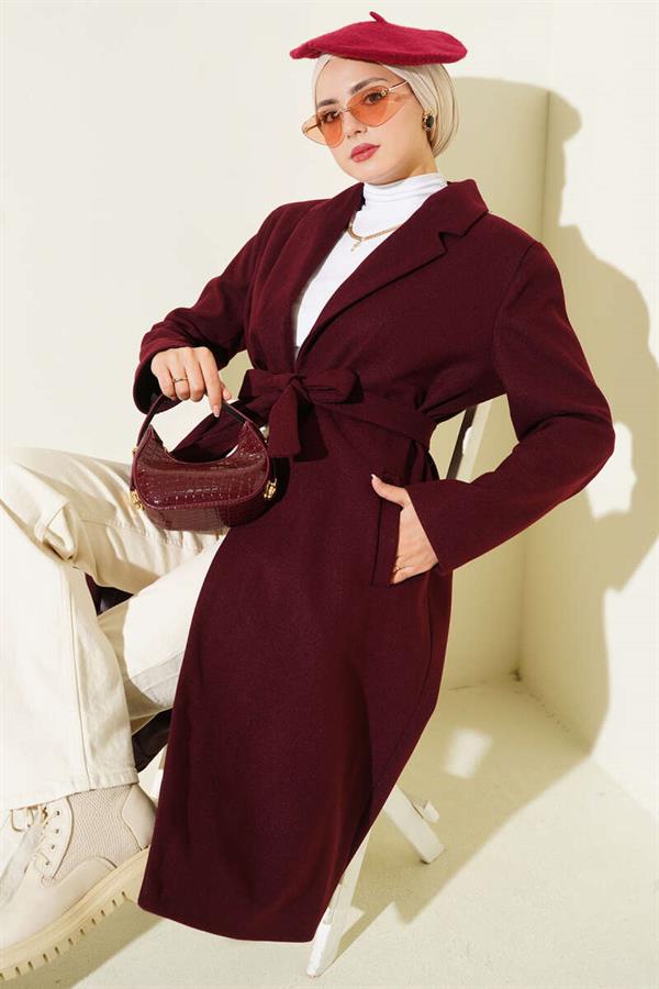 Double-breasted Collar Pocketed Cashmere Coat Burgundy