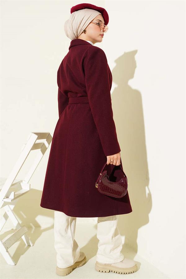 Double-breasted Collar Pocketed Cashmere Coat Burgundy