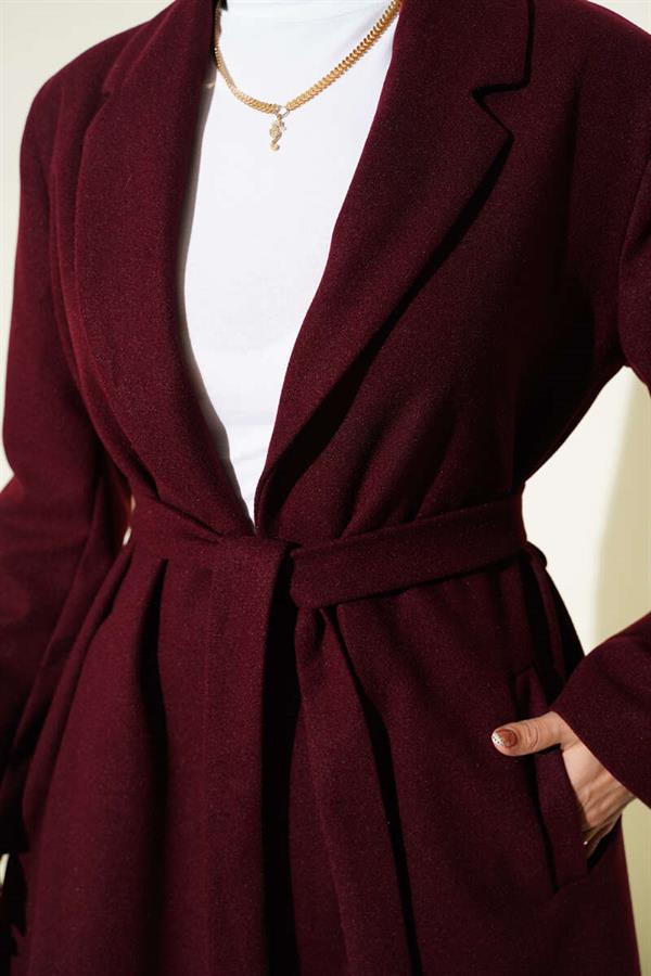 Double-breasted Collar Pocketed Cashmere Coat Burgundy