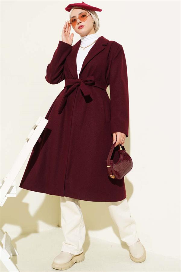 Double-breasted Collar Pocketed Cashmere Coat Burgundy